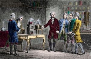 Antoine Laurent Lavoisier showing fellow scientists his experiment which revealed the composition of air in 1776 - Engraving from Louis Figuier by Unknown artist