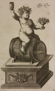 Bacchus on Barrel, Mannequin to Launch Fireworks, Engraving from Grand Art of Artillery by Casimir Siemienowicz by Unknown artist
