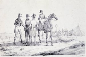 Bet on the edge of the racefield with a jockey on horseback - lithography, early 19th century