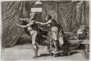 Bible of Royaumont, Old Testament: Chastity of Joseph. Joseph solicited by the wife of Potiphar, and put in prison. Illustration from 1811 by Unknown artist