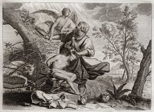 Bible of Royaumont, Old Testament: Sacrifice of Abraham. An angel holds Abraham