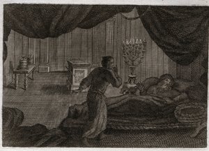 Bible of Royaumont, Old Testament: Samuel given to Eli. Hannah consecrated little Samuel to the Lord, and gave him to High Priest Eli. Samuel, who hears the voice of the Lord calling him in the middle of the night, thinks that this is his mentor the c by Unknown artist