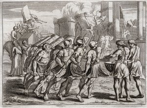 Bible of Royaumont, Old Testament: Taken of Jericho. The Walls of Jericho fall to the ground to the sound of the trumpets of the Priests who preceded the Ark of the Covenant of the Lord. Illustration from 1811.