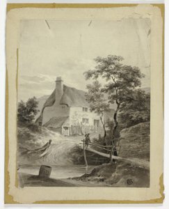 Boy on Bridge Outside a Cottage by Unknown artist