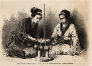 Braiders of silk cords, in their workshop in Yedo (or Edo, present-day Tokyo); these braids are very extended since they are used to arrange and maintain military and civilian costumes (the Japanese ignore the button and the clip to tie the clothes). Engra by Unknown artist