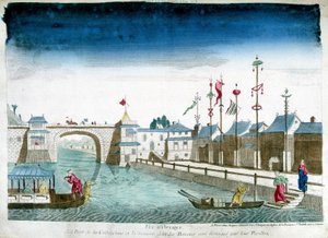 Bridge of Cochinchine and boats are distinguished leaving the pavilions. Engraving from the end of the 18th century by Unknown artist