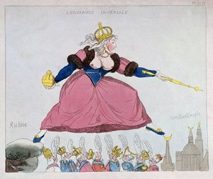 Catherine-II jumping from Russia to Constantinople over European sovereigns, caricature, late 18th century by Unknown artist