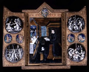 Catherine de Medicis (Caterina de Medici) (1519-1589) in prayer - triptych email and leather by Unknown artist
