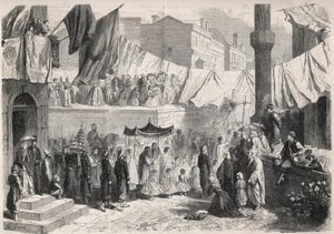 Catholic Procession in the streets of Constantinople on the occasion of the Fete Dieu - Engraving in 