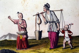 A woman carrying water accompanied by 2 children by Unknown artist