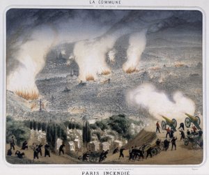 Commune of Paris: Paris fire. Communards firing cannons towards Paris. 1871
