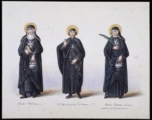 Costumes: 1. Santa Ubaldesca, 2. St Ugo Commendant di Genova, 3. Santa Toscana di vita. 19th century