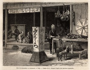 Customers eat sitting on the stage of a restaurant and the neighbour of a butcher present to passers-by, under a big bamboo mesh bell a boar, hanging, its finest pieces of game, such as the squirrel, the hare or the monkey, whose climbing faces become the by Unknown artist