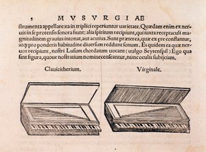 Description of Harpsichord and spinet. Page from Musurgia seu praxis musicae by Unknown artist