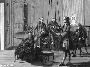 Dufay experiment. Charles François Du Fay (1698 - 1739), a French chemist and physicist, showed that electric sparks can be drawn from the human body. Engraving from the Science Album. France 19th century. by Unknown artist