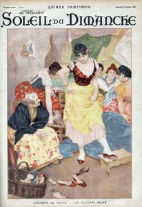 Fashion late 19th century: new shoes from Venice. Women trying shoes from the Italian city. Engraving in Le sun-du-dimanche, October 8 by Unknown artist
