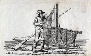 Fisherman and fishnet. Fine engraving of the 18th century. Private collection. by Unknown artist