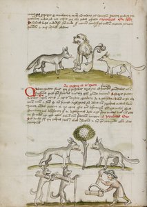 Fox and Wolf before a Lion; Two Wolves under a Tree Dragging Bales of Wheat; A Farmer Bundling Sheaves of Wheat