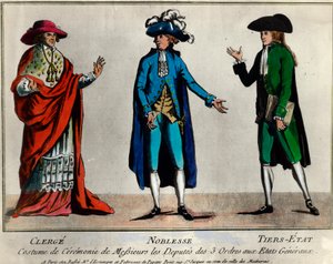 French Revolution: representation of the deputies of the three orders in the States General in ceremonial costume: the clergy, the nobility and the third state. Print from the end of the 18th century. Private collection by Unknown artist