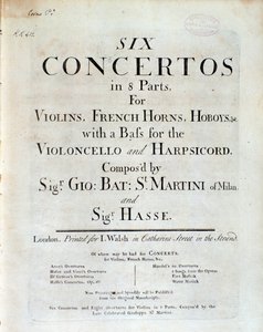 Frontispiece of musical score of Six concertos in 8 parts by G B Sammartini and J A Hasse by Unknown artist