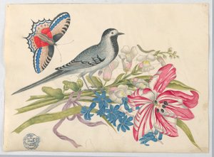 Gray Bird on Branch with Tulip, Snapdragons, and Forget-Me-Nots with Butterfly by Unknown artist