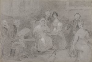 Group of Figures, with a Man Painting in Watercolors and a Girl Handing Cups of Tea