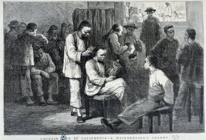 Hair Salon in the Chinese Community of California - engraving by Unknown artist