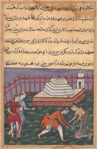 Hearing her declaration of love, Ayaz falls at the feet of Mahmuda at the holy shrine. The scene is witnessed by Salim, Ayaz’s friend, and a maid, from a Tuti-nama (Tales of a Parrot): Thirty-third Night by Unknown artist