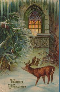 Historic Christmas Card with a Winter Motif with Stag and Church by Unknown artist