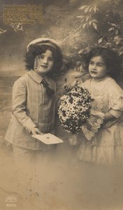 Historic Name Day Greeting Card, Children in Doll Costume, Kitschy, Romantic by Unknown artist