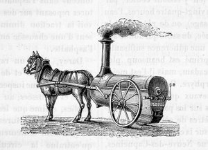 Horse Pulling a Steam Machine - in The Wonders of Industry by Figuier by Unknown artist