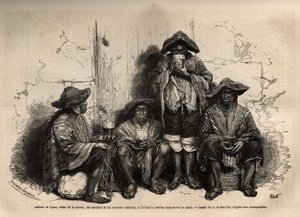 Indians of Cuzco (Peru), vetus of the manta, sandals and traditional sombrero, employed as labour for the exploitation of guano deposits in the Chincha Islands, drinking shisha, but fermented brandy. Engraving to illustrate Les iles Chincha, rect by L.Simo