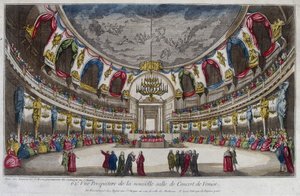 Interior of a concert hall in Venice. 18th century engraving by Unknown artist