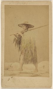 Japanese Man Wearing Straw Rain Cape and Hat, Carrying a Long Pole by Unknown artist