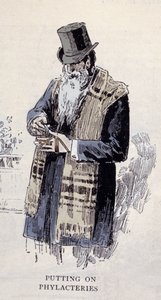 Jewish religion: an old Jewish man wearing the prayer shawl (Talit or Tzitzit), engraving from 1890 by Unknown artist