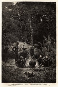 Kanaks cooking in the woods, in the territory of Pamale. Engraving to illustrate the voyage to New Caledonia, by Jules Garnier, civil engineer of mines, in 1863-1866, published in 