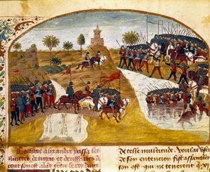 King Alexander the Great and his army pass the Tiger and the Euphrates. Miniature from 