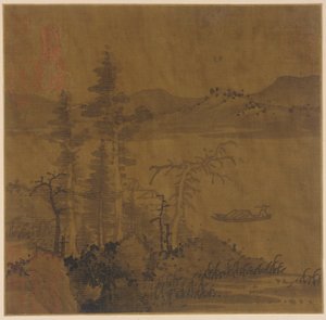 Landscape: River and Boat, Tall Trees and Distant Hills
