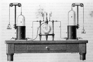 Lavoisier and Laplace Apparatus for the Formation of Water by Means of Oxygen and Hydrogen Gases Burning in a Glass Flask (19th century engraving) by Unknown artist