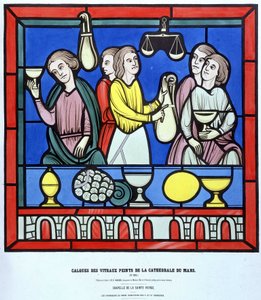 The money changers of Le Mans - Facsimile from a stained glass window of the Cathedral of Le Mans from the 13th century. 19th century layer. by Unknown artist