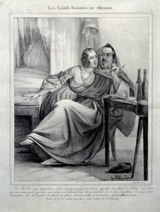 Les grands hommes en chemise Representation of the writer Honore de Balzac (1799-1850) enlacing a young woman while smoking a cigarette by Unknown artist