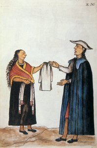 Marriage arrangement between Indians, negotiation about the outfit of the bride, from the book Trujillo del Peru or Codice Martinez Compañón, by Baltazar Martinez Compañón y Bujanda, bishop of Trujillo (1782-1785)
