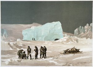 Men and sleigh on the ice - in "The shores of the polar sea, an Arctic expedition narration", by Dr. Edward Moos, Marcus Nard & Co, London