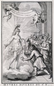 Men looking at themselves without their masks in front of the mirror of the allegory of truth. Engraving of the 18th century