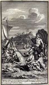 Neptune, unworthy of seeing the Greeks forces and deeds, leaves the sea to transport himself to their camp, and to raise up under the figure of Calchas which he then takes, their courage almost entirely destroyed. Illustration of book XIII of the Iliad of  by Unknown artist