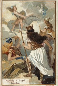 Nordic mythology: The Valkyries (virgin warriors) in Valhalla and the fall of warriors in battle. Chromolithograph of the 19th century by Unknown artist