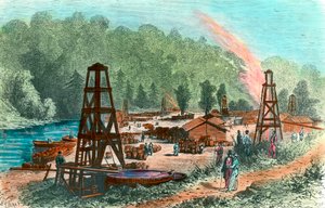 Oil wells at Tarr Farm in Pennsylvania, USA. Engraving of the 19th century by Unknown artist
