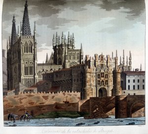 Outside of the Gothic Cathedral of Saint Mary in Burgos, Spain. 19th Century Lithograph by Unknown artist
