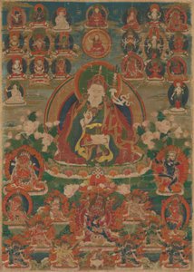 Painted Banner of Sage Guru Padmasambhava Seated Holding a Thunderbolt and Skull Cup by Unknown artist