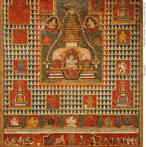 Painted Banner of Goddess Ushnishavijaya Within a Funerary Mound and Surrounded by Chaityas by Unknown artist